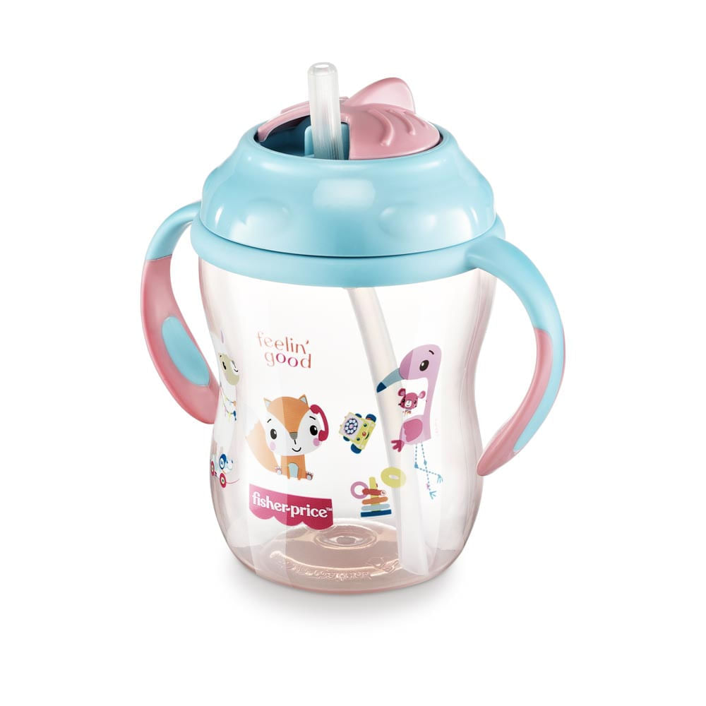 Copo de Treinamento Fisher Price Com Canudo First Moments Rosa 270Ml