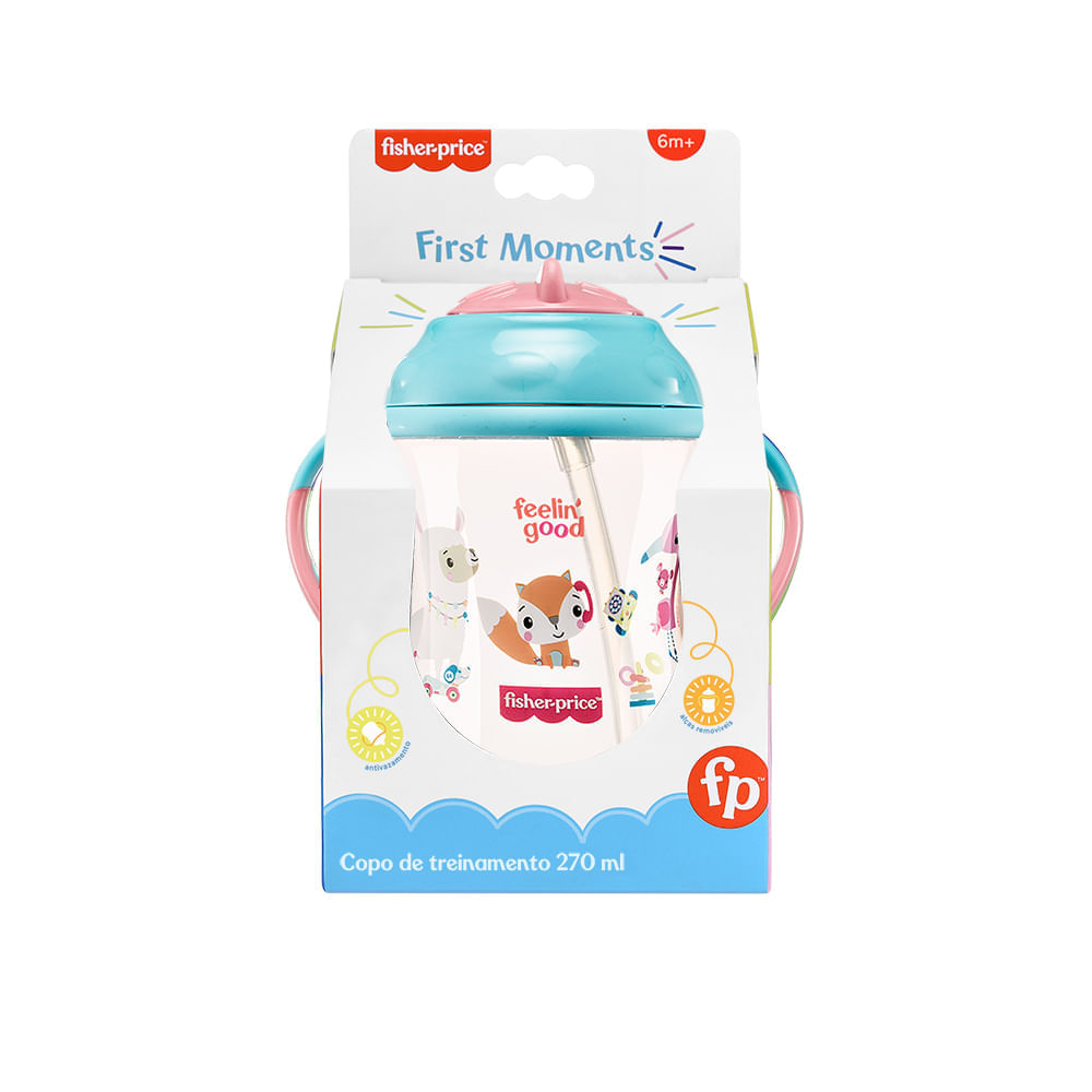 Copo de Treinamento Fisher Price Com Canudo First Moments Rosa 270Ml