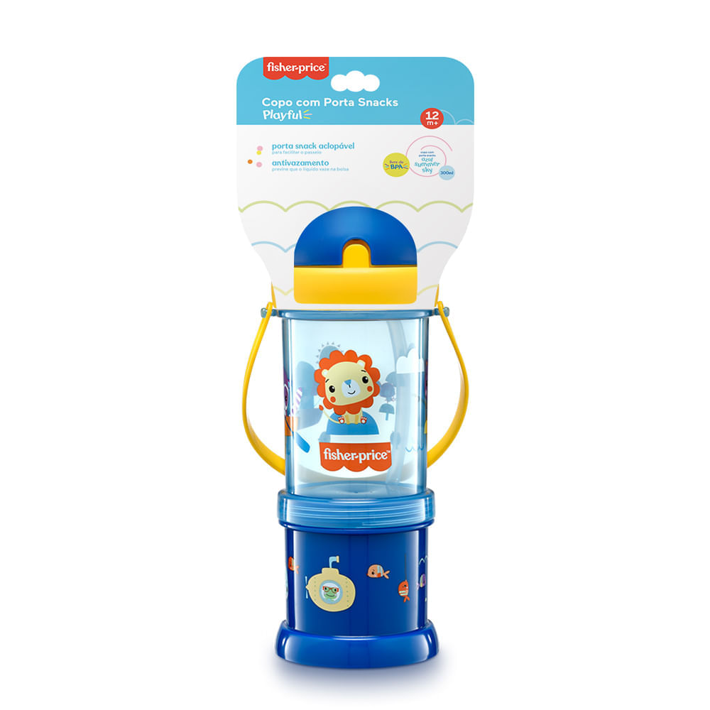 Copo Fisher Price Com Porta Snack Playfyl Summer Sky Azul 300Ml