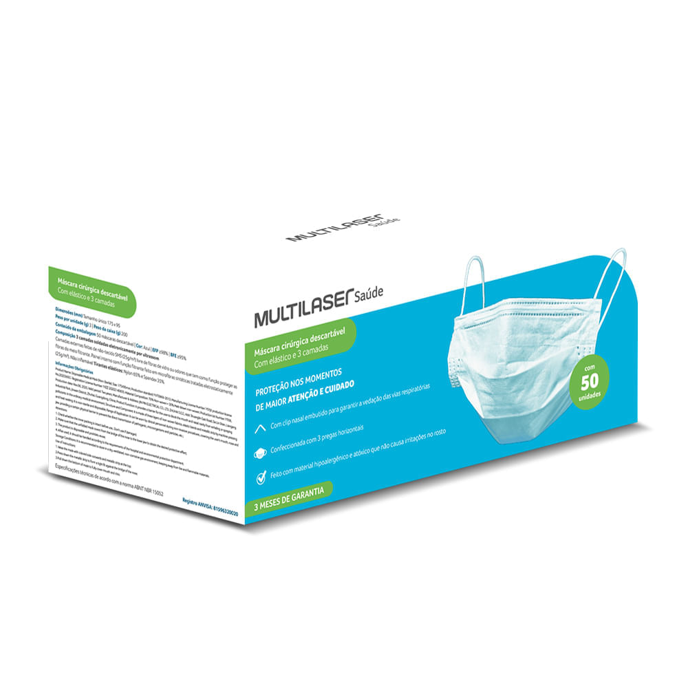 Máscara 3 Camadas Descartável Azul Caixa com 50 Unidades Multilaser Saúde HC400