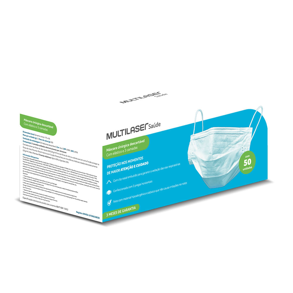 Combo Saúde Oxímetro de Dedo Oxygen e Máscara 3 Camadas Descartável Azul Caixa com 50 Unidades Multilaser HC5001K