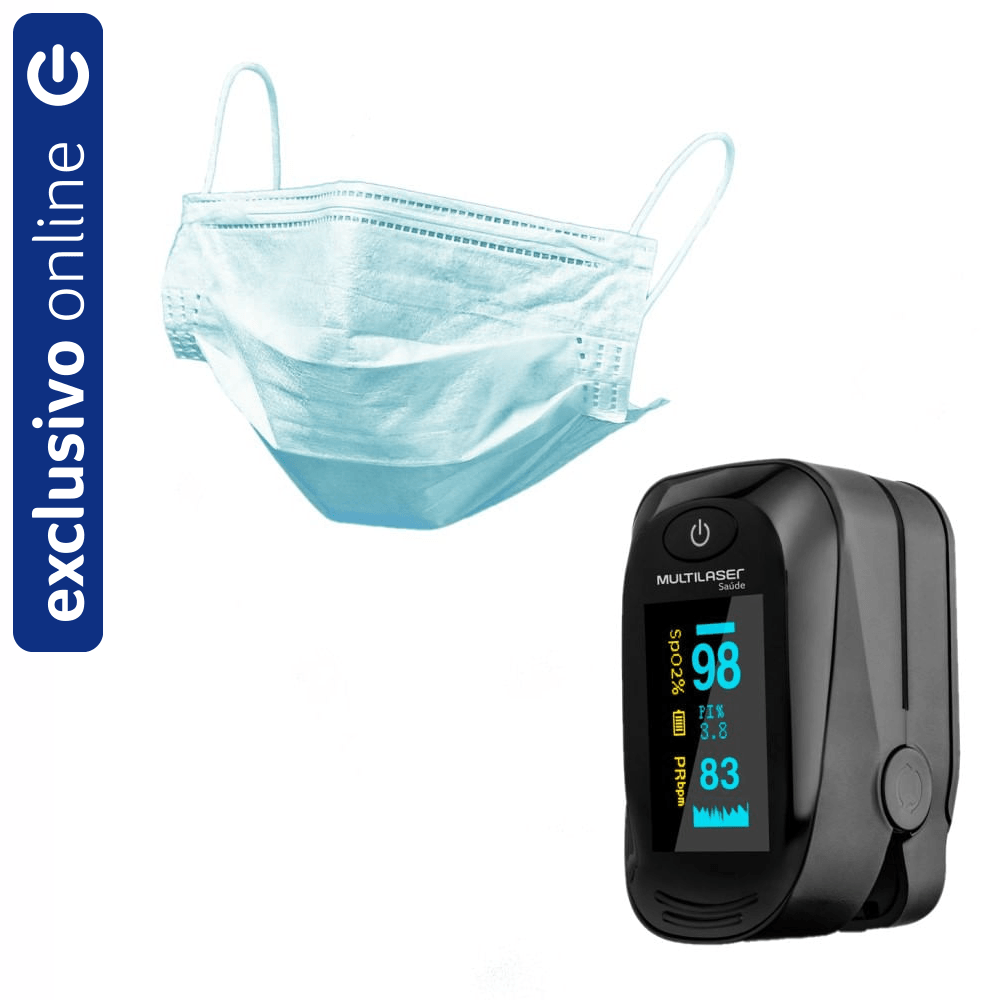 Combo Saúde Oxímetro de Dedo Oxygen e Máscara 3 Camadas Descartável Azul Caixa com 50 Unidades Multilaser HC5001K