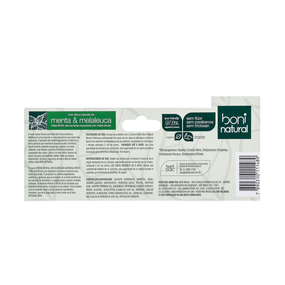 Creme Dental Boni Natural Vegano e Natural Menta e Melaleuca 90G