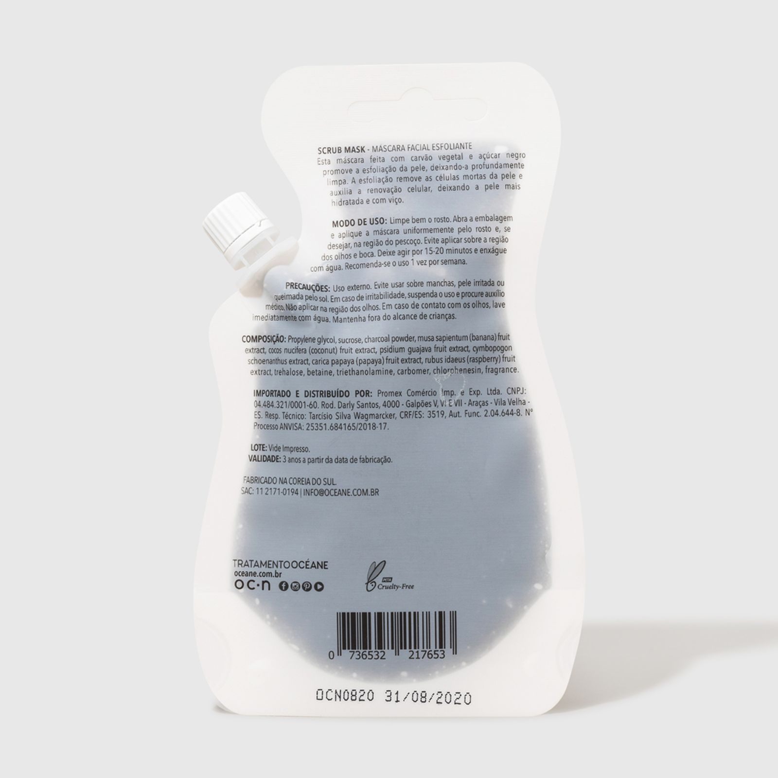 Máscara Facial Océane Esfoliante De Carvão Vegetal 35Ml