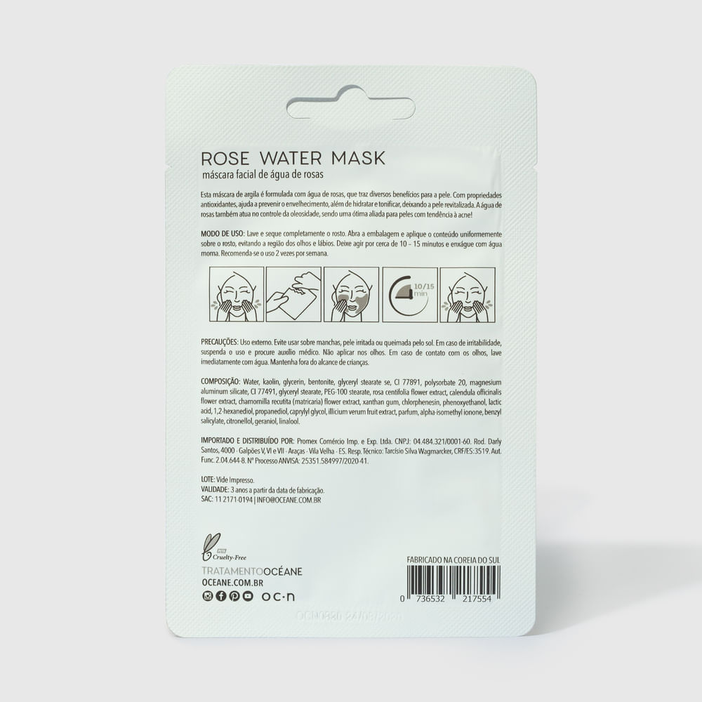 Máscara Facial Océane Com Água de Rosas 8g