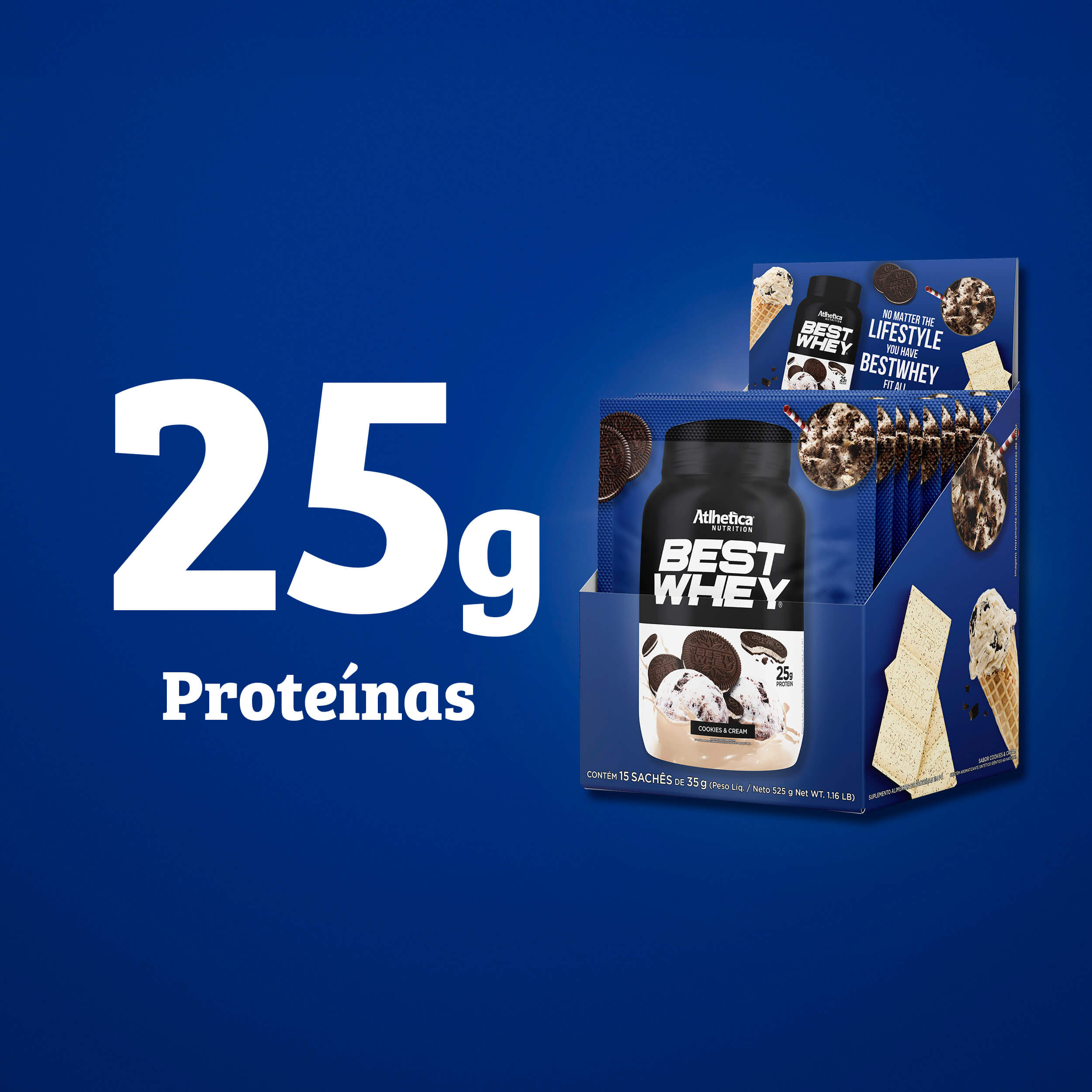 Best Whey Protein Cookies&Cream Atlhetica Nutrition Display 15 Sachês de 35g