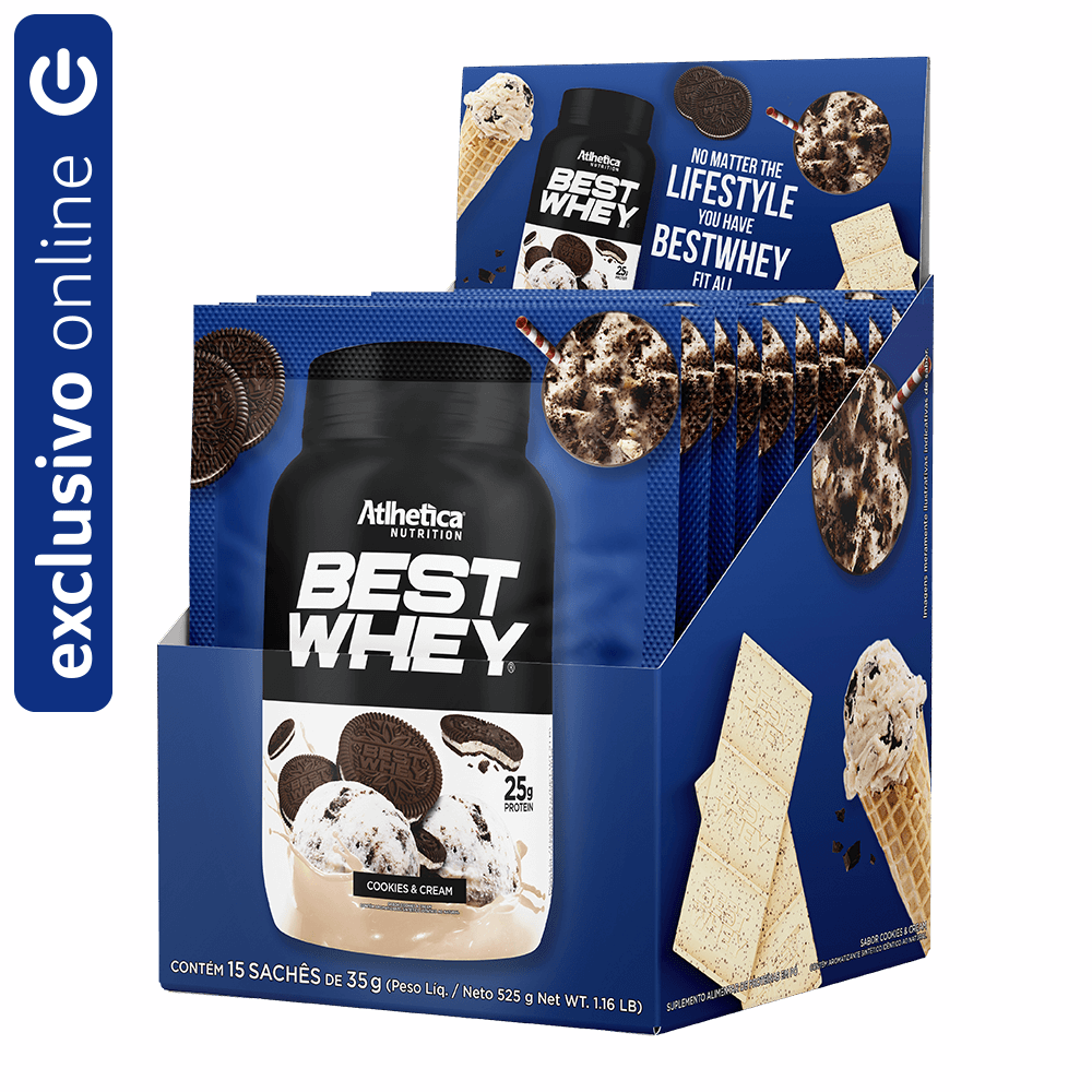 Best Whey Protein Cookies&Cream Atlhetica Nutrition Display 15 Sachês de 35g
