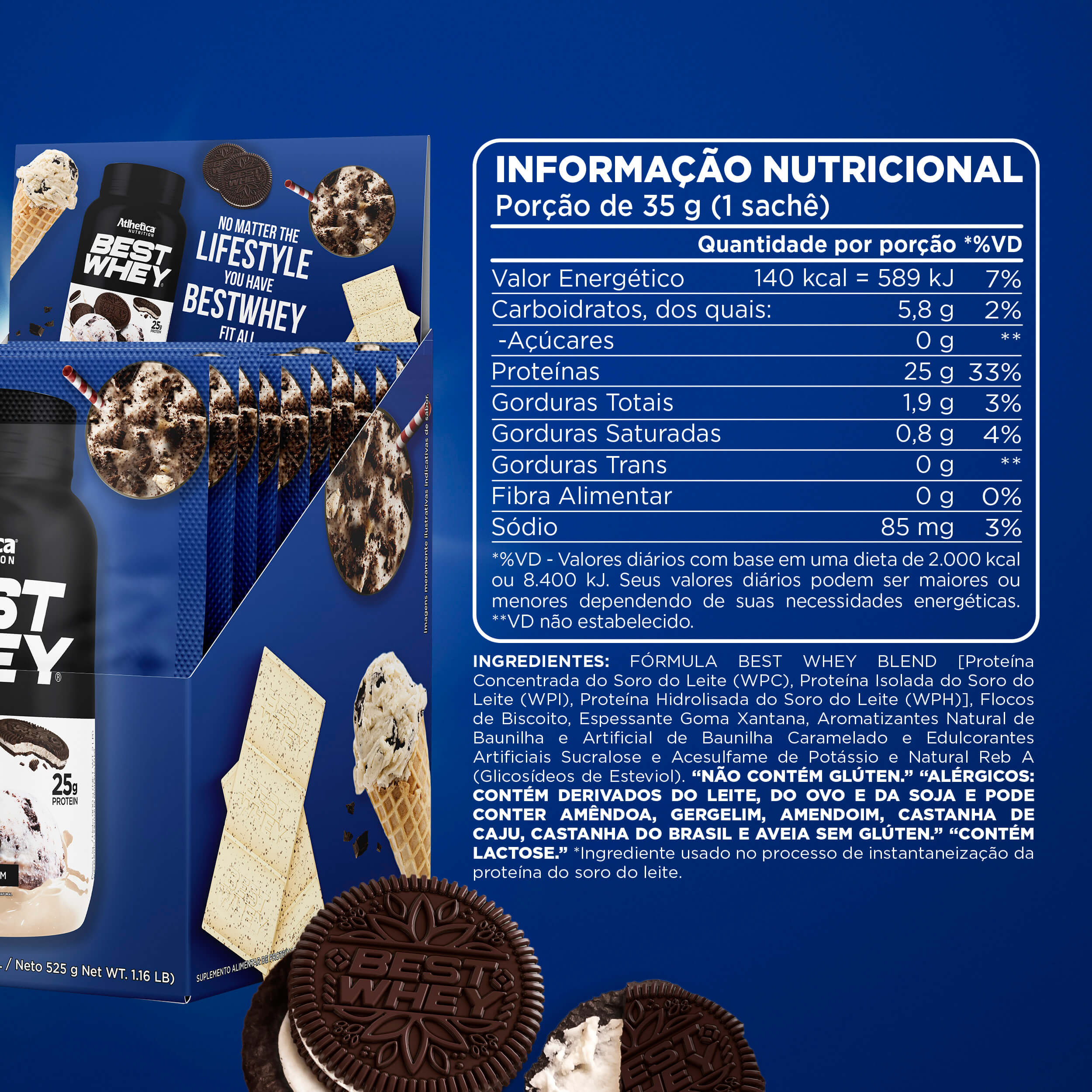 Best Whey Protein Cookies&Cream Atlhetica Nutrition Display 15 Sachês de 35g