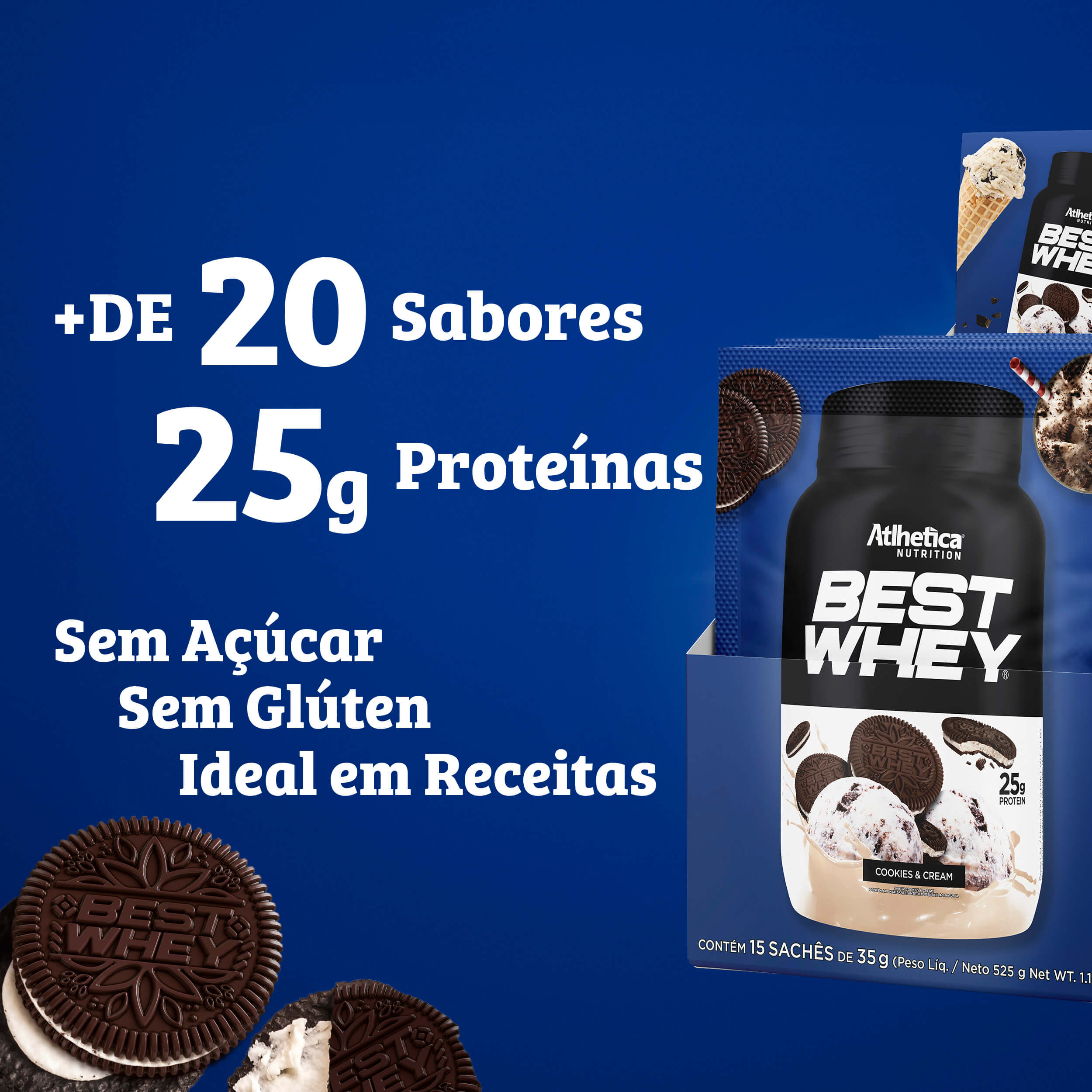 Best Whey Protein Cookies&Cream Atlhetica Nutrition Display 15 Sachês de 35g
