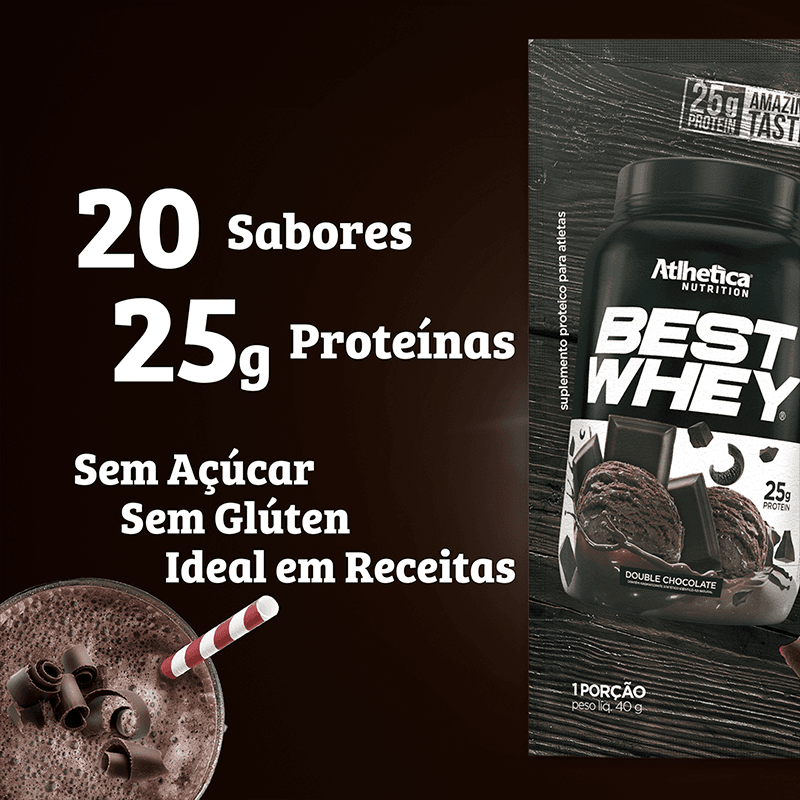 Best Whey Protein Double Chocolate Atlhetica Nutrition Display 15 Sachês de 40g
