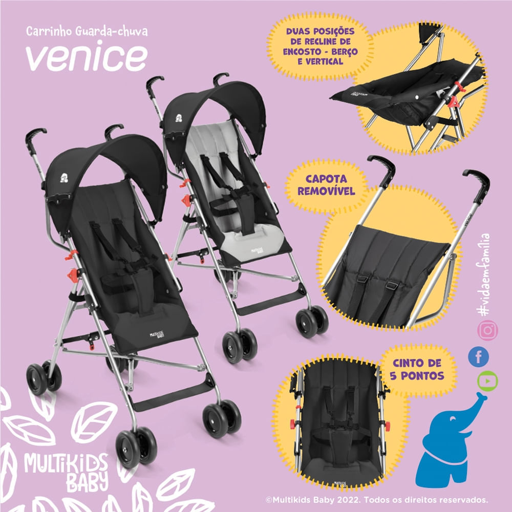 Carrinho Guarda-chuva Venice 15kgs Preto E Cinza Multikids Baby