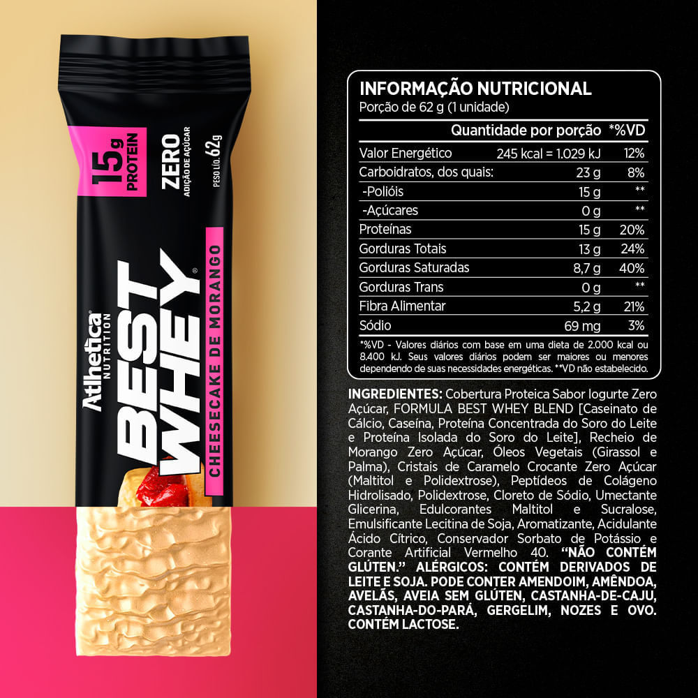 Best Whey Bar Cheesecake de Morango Atlhetica Nutrition Display 12 unid de 62g