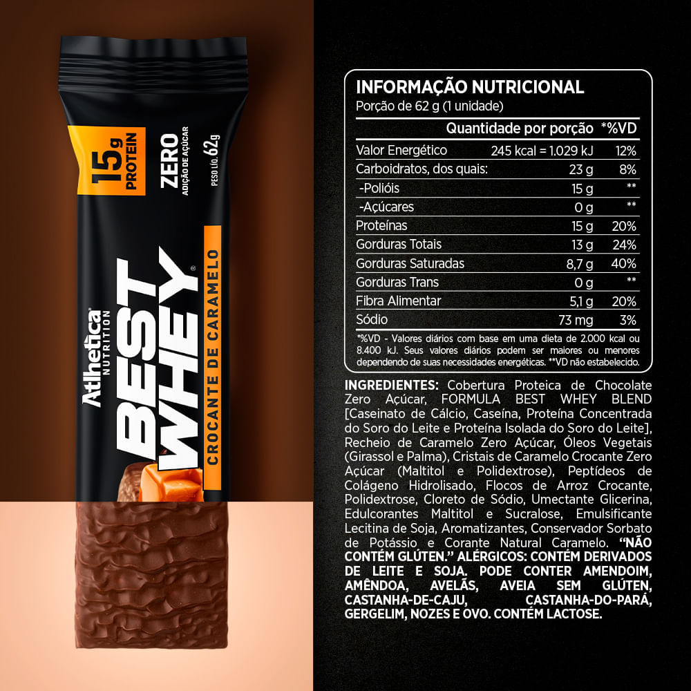 Best Whey Bar 15g Protein Crocante de Caramelo Atlhetica Nutrition 12 Un. de 62g