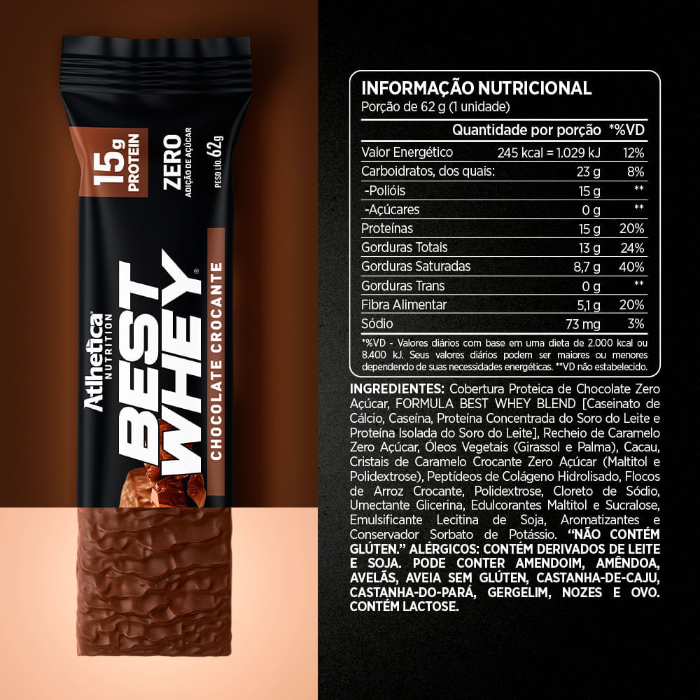 Best Whey Bar Atlhetica Nutrition Chocolate Crocante Display 12 Unidades de 62g
