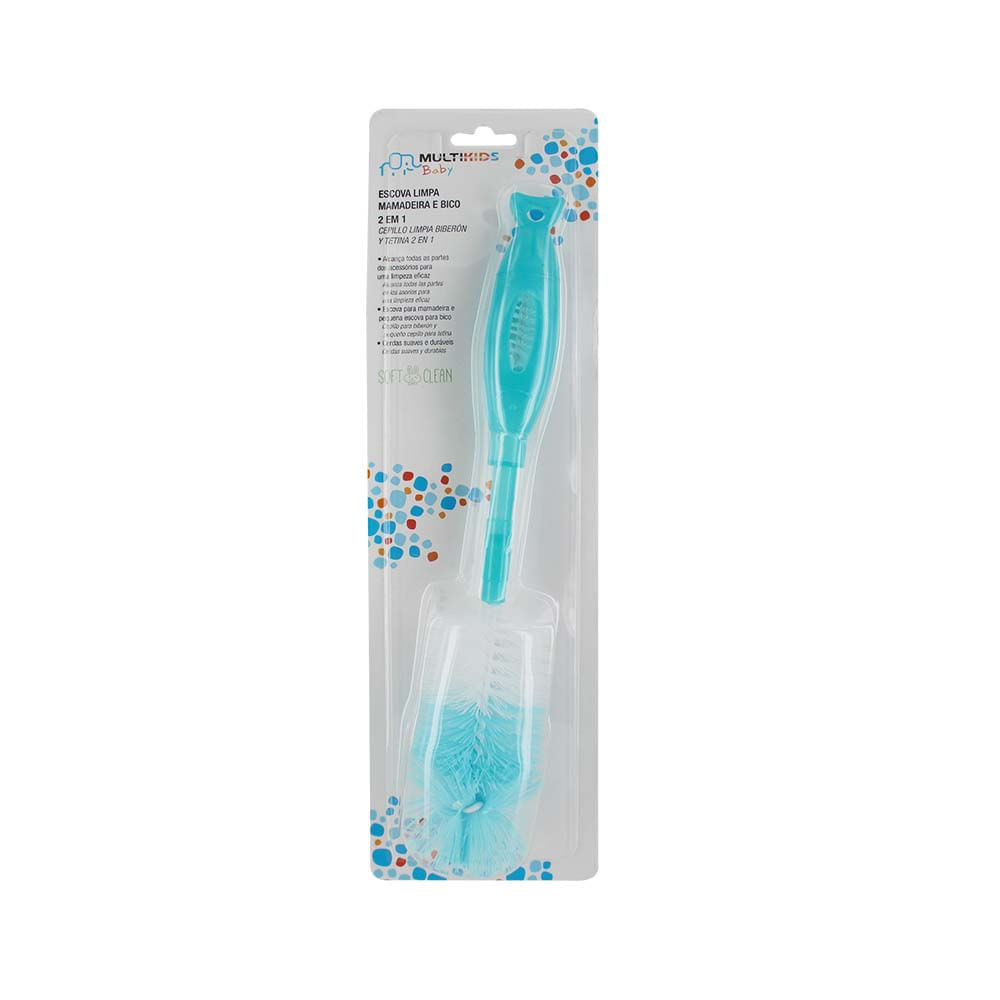 Escova Limpa Mamadeira e Bico Soft Clean 2 em 1 Azul Multikids Baby BB153