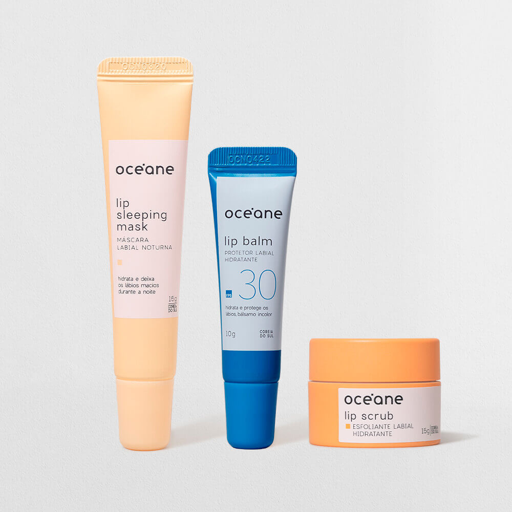 Kit Océane Protetor Labial Hidratante + Máscara Labial Noturna + Esfoliante Labial