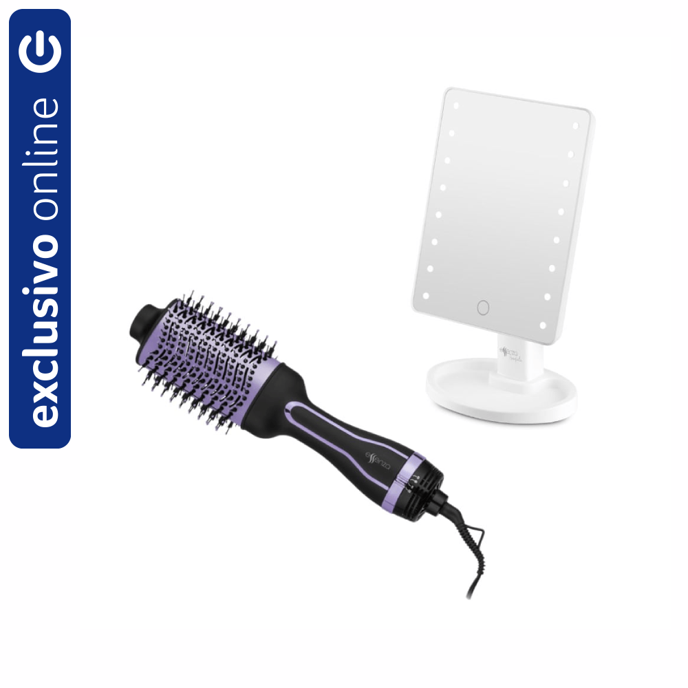 Kit Essenza Escova Secadora Oval E Espelho De Mesa Touch Com LED Essenza