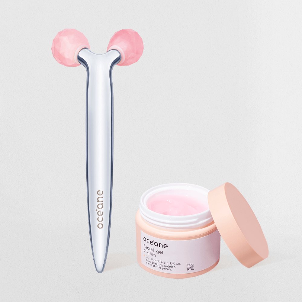 Kit Massageador Facial 3D De Quartzo Rosa + Gel Hidratante Facial Com Extrato De Pérola