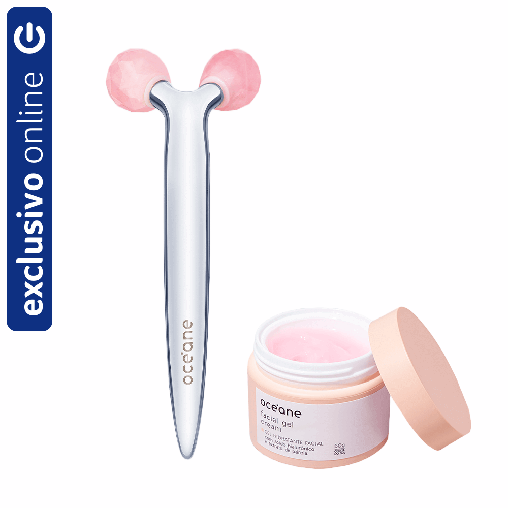 Kit Massageador Facial 3D De Quartzo Rosa + Gel Hidratante Facial Com Extrato De Pérola