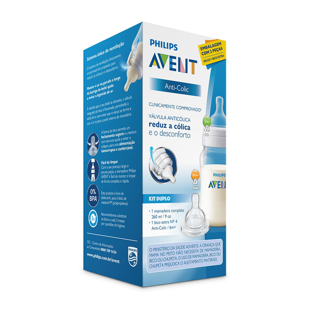 Kit Mamadeira ANTI-COLIC Avent 260ML + BICO 4 SCD809/17