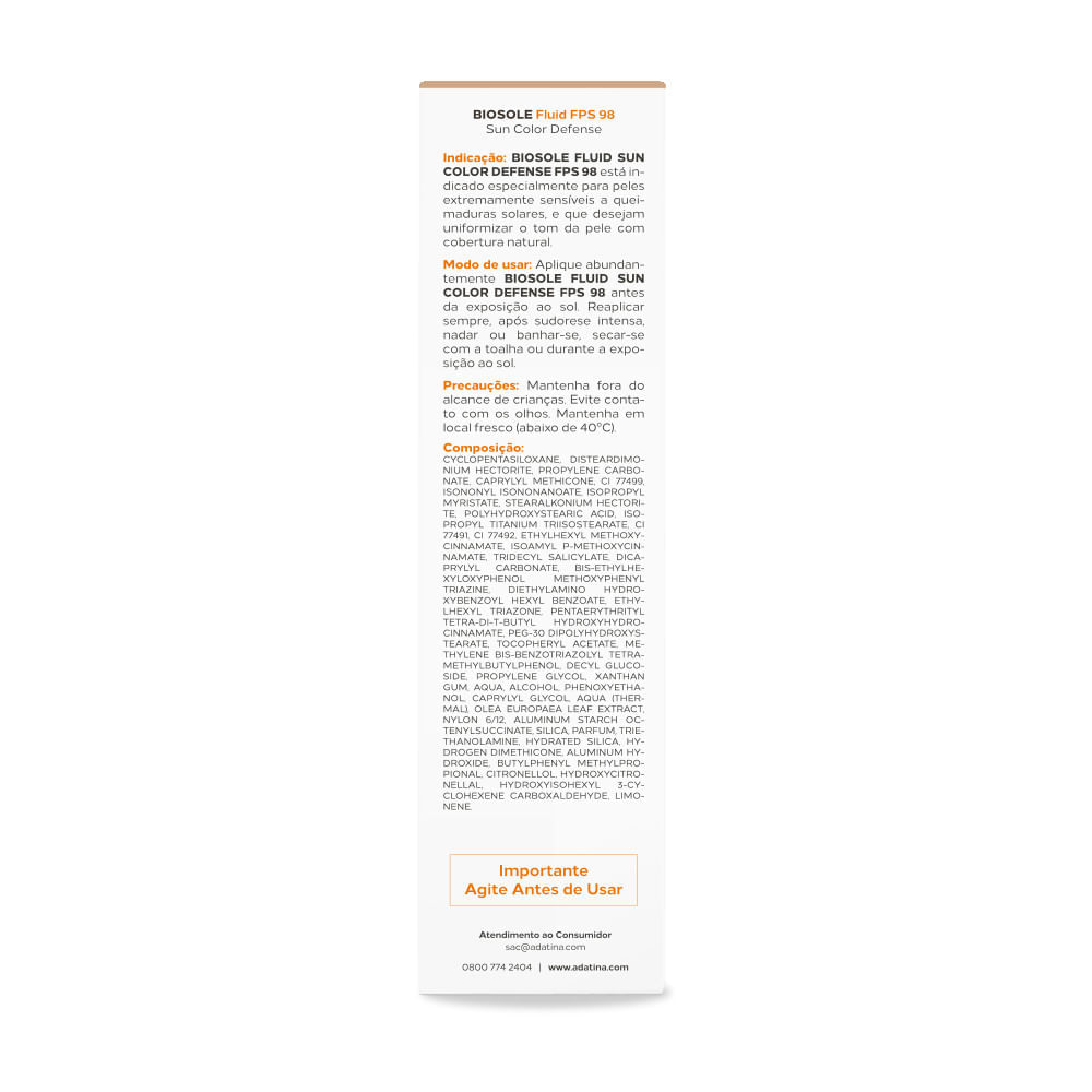 Protetor Solar Fluido Com Cor Biosole Fluid Sun Color Defense FPS 98 Médio Escuro