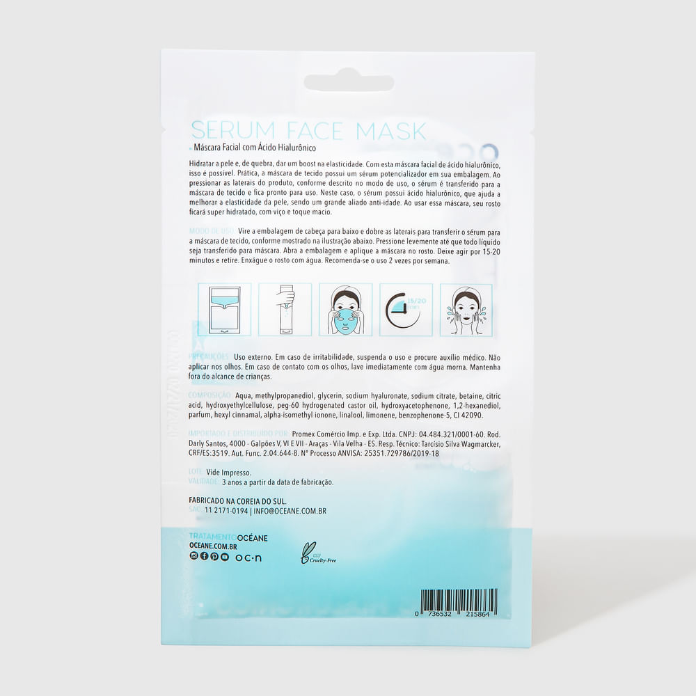 Máscara Facial com Ácido Hialurônico Sérum Face Mask 20ml