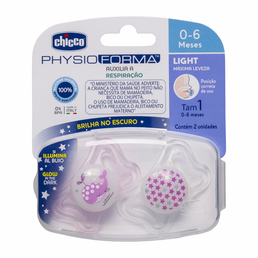 Chupeta de Silicone Physio Light Lumi 0 a 6 meses 2 Unidades Chicco Branco e Rosa