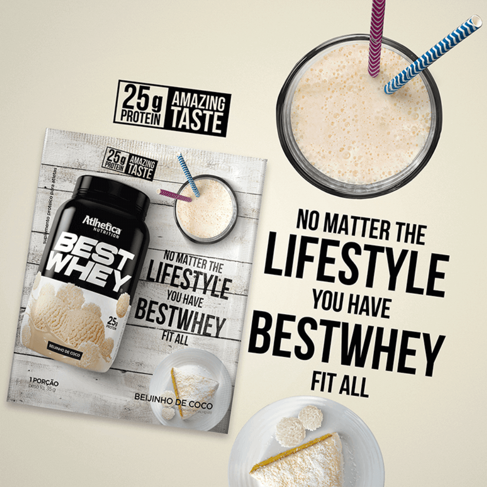 Suplemento Alimentar Best Whey Protein Beijinho de Coco Atlhetica Nutrition Display 15 Sachês de 35g
