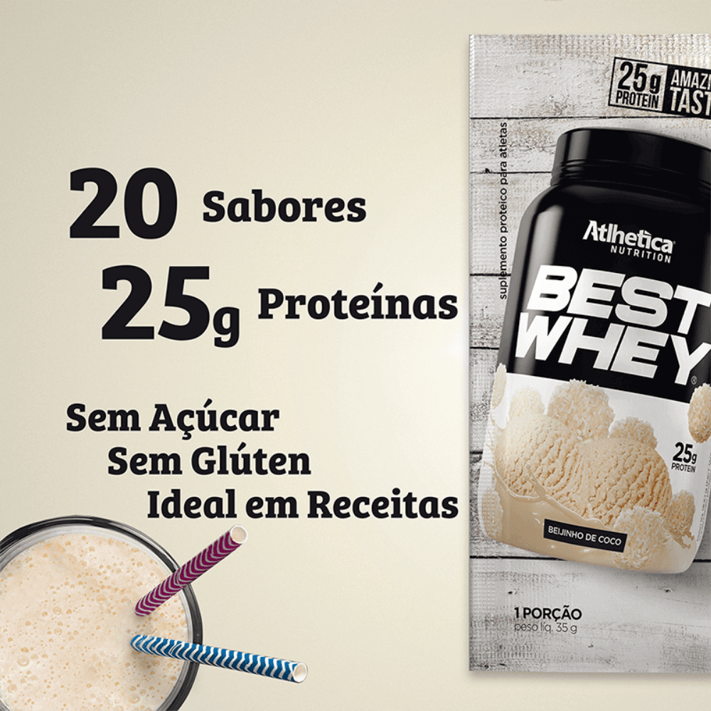 Suplemento Alimentar Best Whey Protein Beijinho de Coco Atlhetica Nutrition Display 15 Sachês de 35g