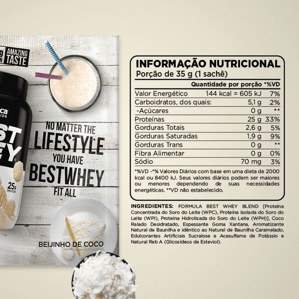 Suplemento Alimentar Best Whey Protein Beijinho de Coco Atlhetica Nutrition Display 15 Sachês de 35g