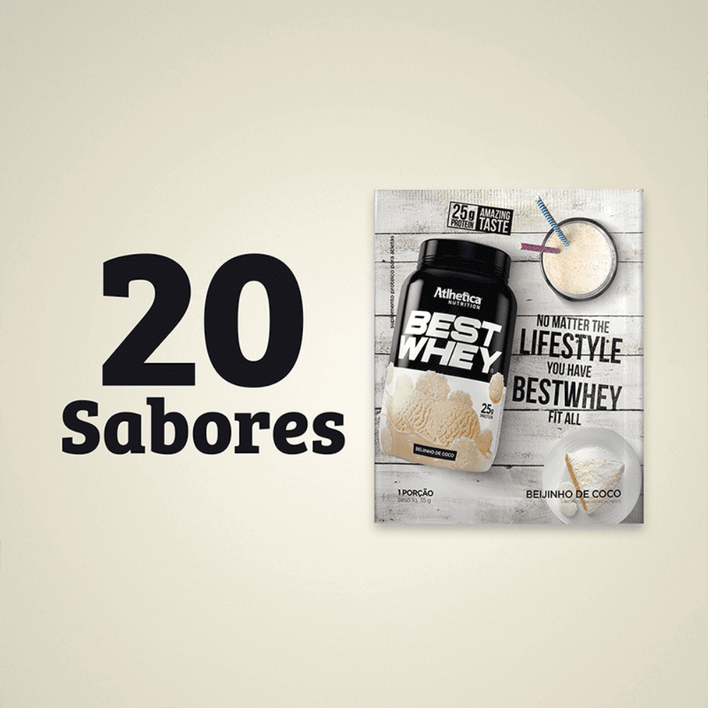 Suplemento Alimentar Best Whey Protein Beijinho de Coco Atlhetica Nutrition Display 15 Sachês de 35g