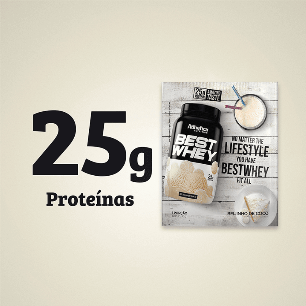 Suplemento Alimentar Best Whey Protein Beijinho de Coco Atlhetica Nutrition Display 15 Sachês de 35g