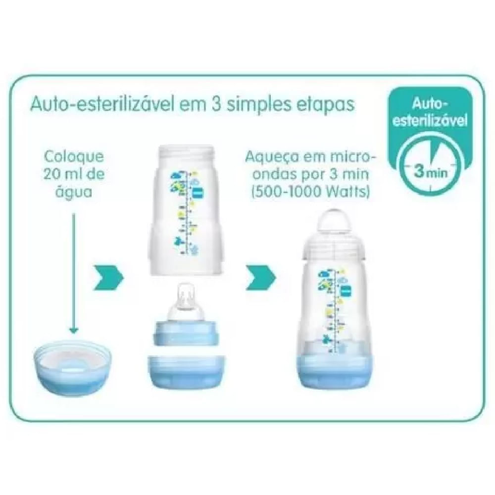 Kit 4 Mamadeiras + 2 Bicos Extras Easy Start Azul MAM