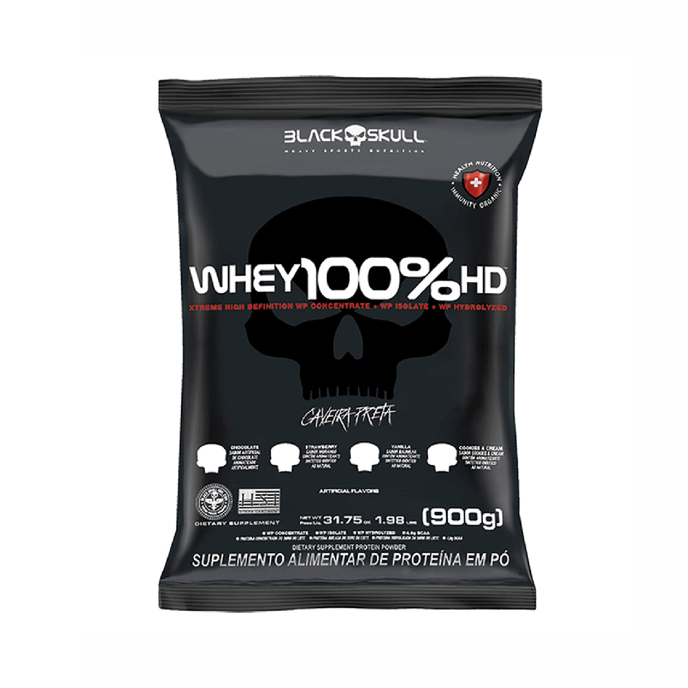 SUPLEMENTO ALIMENTAR WHEY 100% HD CHOCOLATE REFIL BLACK SKULL WPC, WPI E WPH 900G