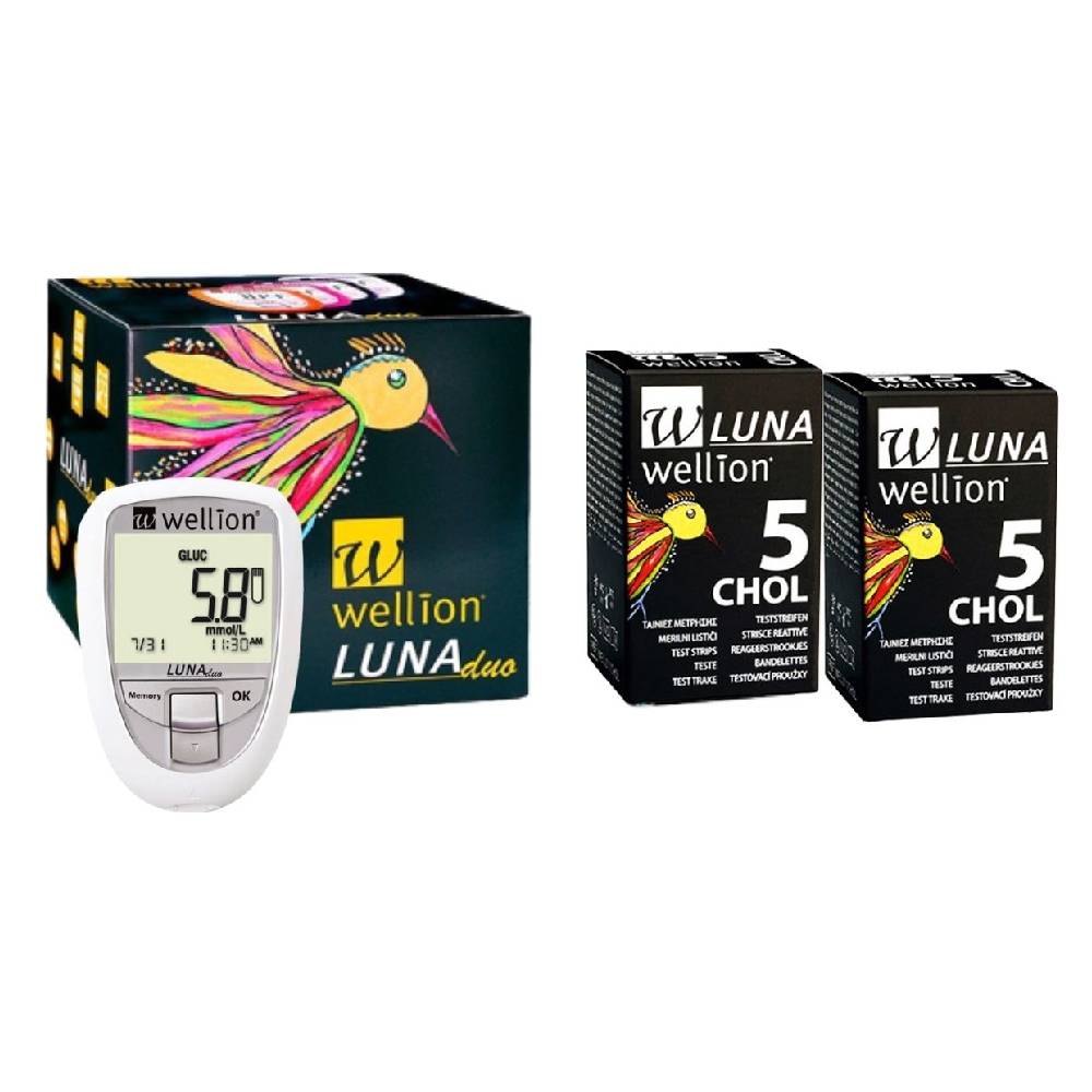 Medidor Colesterol e Glicose Luna Branco + 10 Tiras para Colesterol Wellion