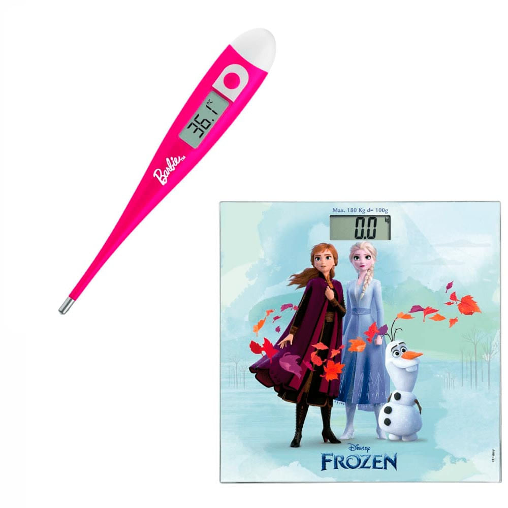 Combo Saúde Balança Digital Frozen e Termômetro Digital Barbie Multilaser Saúde HC099K