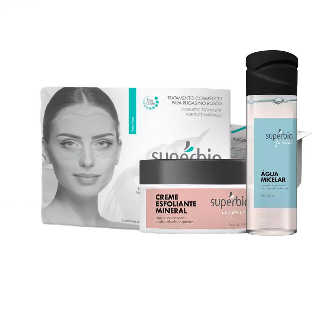 Kit Adesivo para Rugas no Rosto, Água Micelar e Creme Esfoliante Supérbia