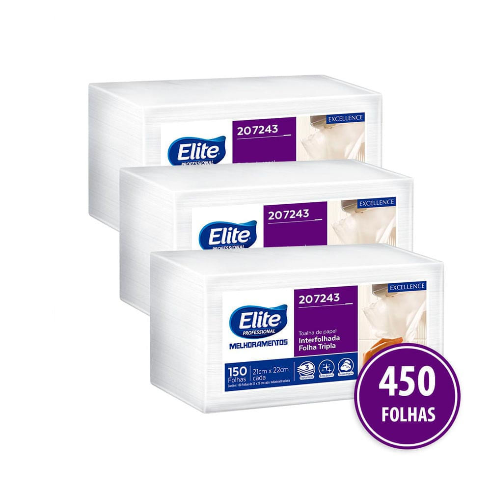 kit Papel Toalha Excellence Interfolhado Folha Tripla Elite Professional 3x150 Folhas