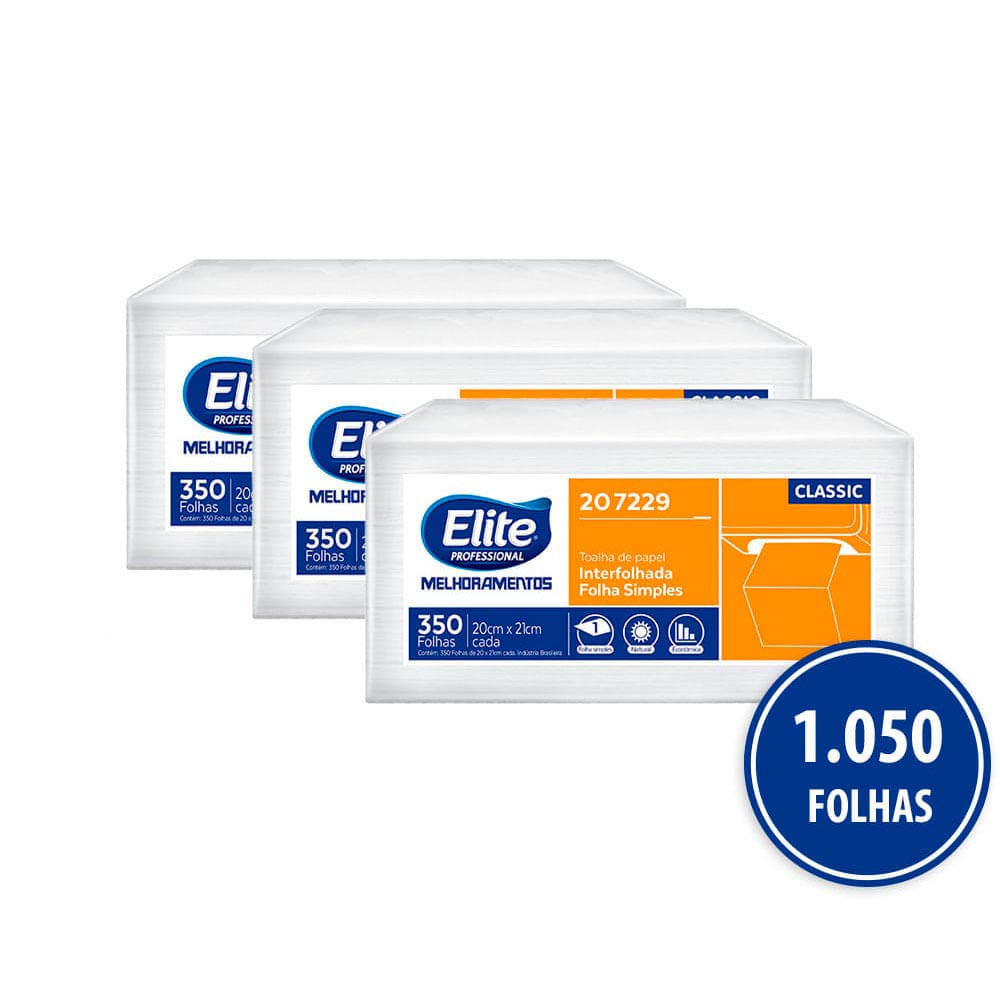 Combo Papel Toalha Classic Interfolhas Folhas Simples Elite Professional 3x350 Folhas