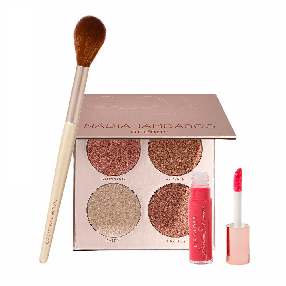 Kit Paleta de Iluminadores + Pincel + Brilho Labial Vermelho Océane