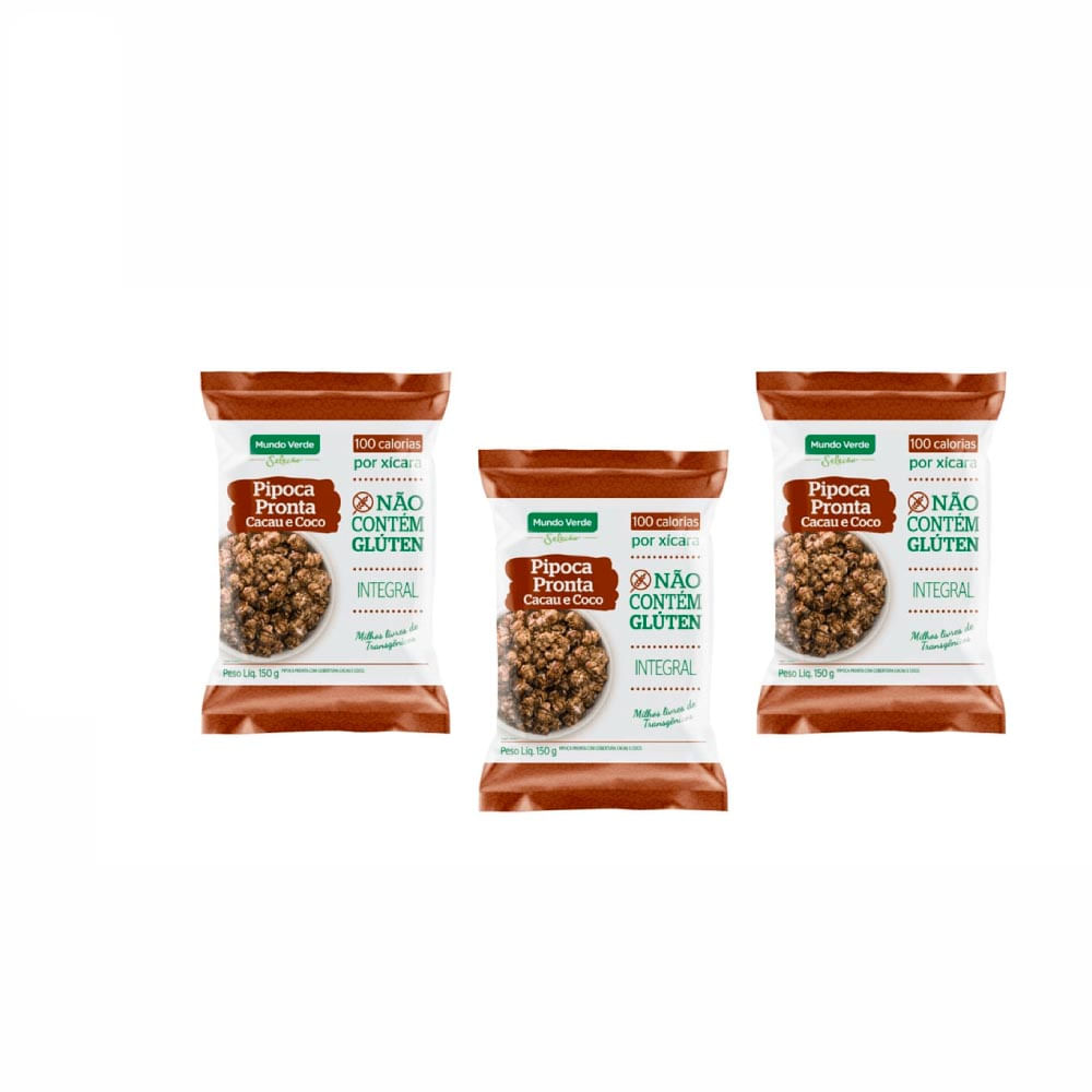 Combo Pipoca Pronta Mundo Verde Seleção Cacau E Coco Diet 150g 3 Unid