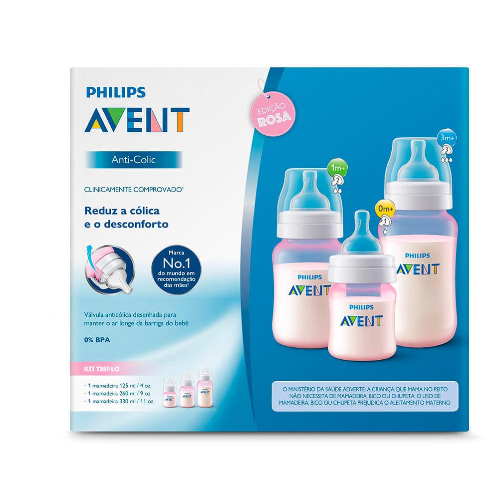 Kit Mamadeira ANTI-COLIC Rosa 125ML + 260ML + 330ML SCD809/42
