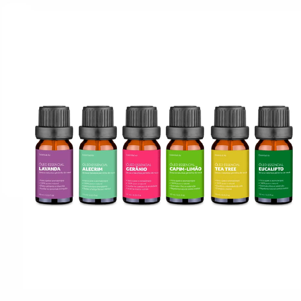 KIT Com 6 Óleos Essenciais Lavanda Alecrim Gerânio Capim Limão Tea Tree e Eucalipto Multi Saúde HC165