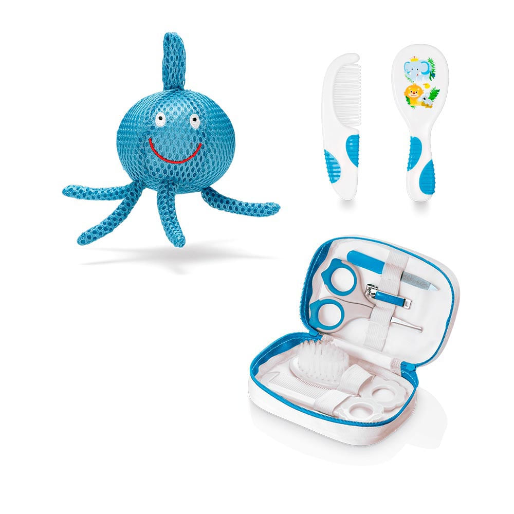 Kit Esponja de Banho Bubbles, Kit Higiene Azul e Pente e Escova Para Cabelo Azul Multikids Baby BB156K