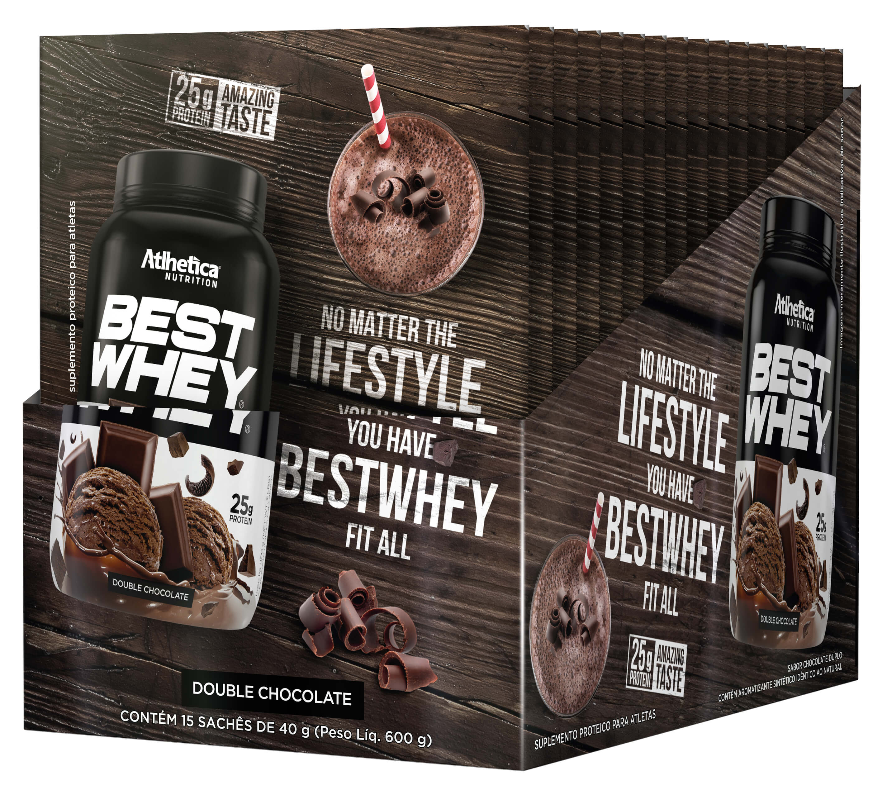Best Whey Protein Double Chocolate Atlhetica Nutrition Display 15 Sachês de 40g