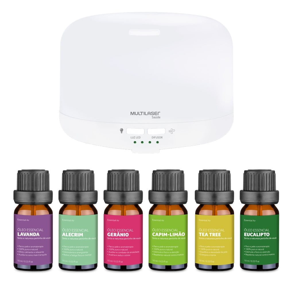Combo Bem Estar Difusor de Aromas Color Air e Kit Com 6 Óleos Essenciais Multilaser Saúde HC217K
