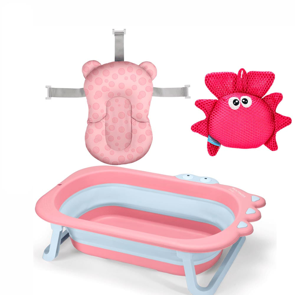 Kit Banheira Retrátil Com Almofada E Esponja Multikids Baby Rosa