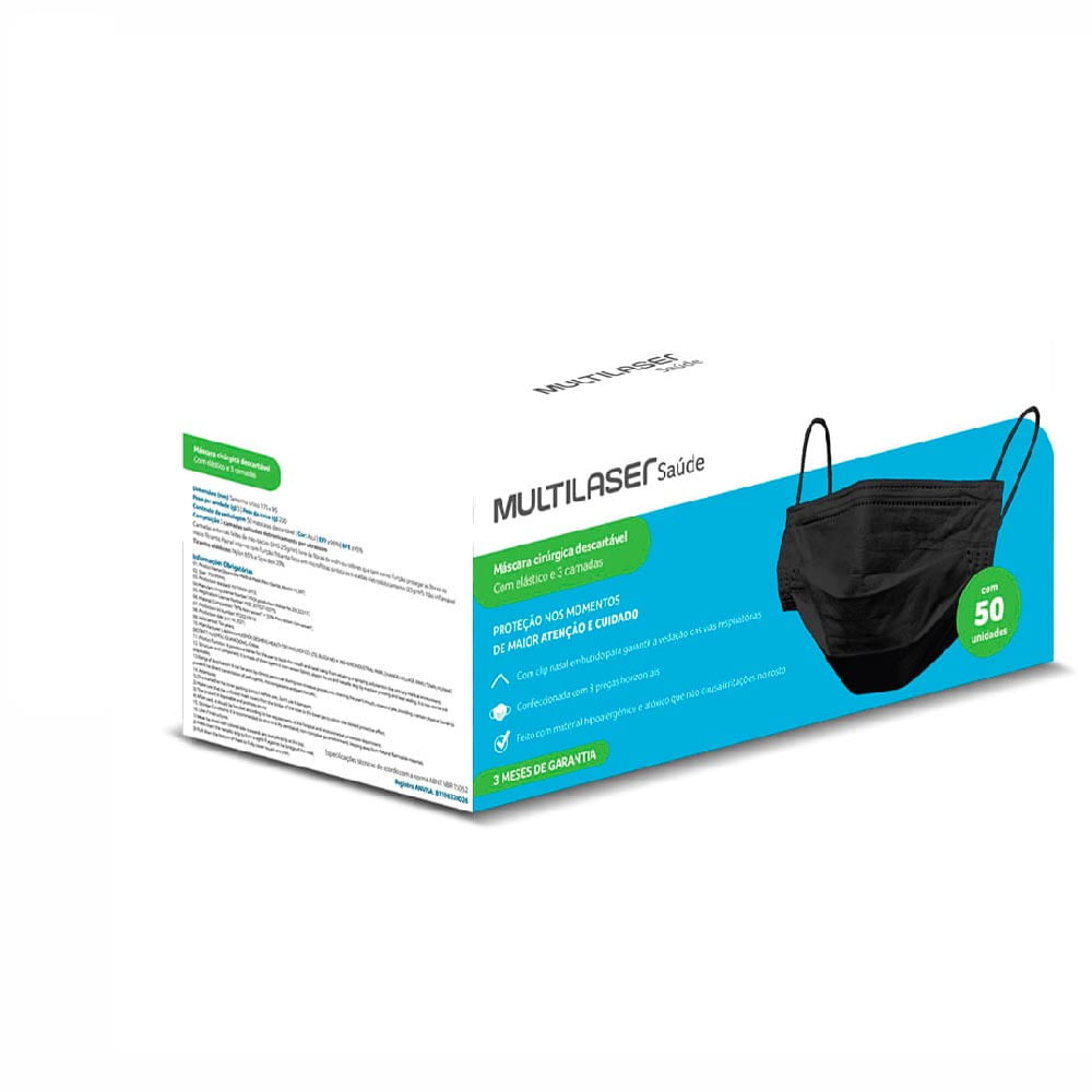 Caixa com 50 Máscaras Cirúrgicas 3 Camadas Preto Multilaser Saúde HC367