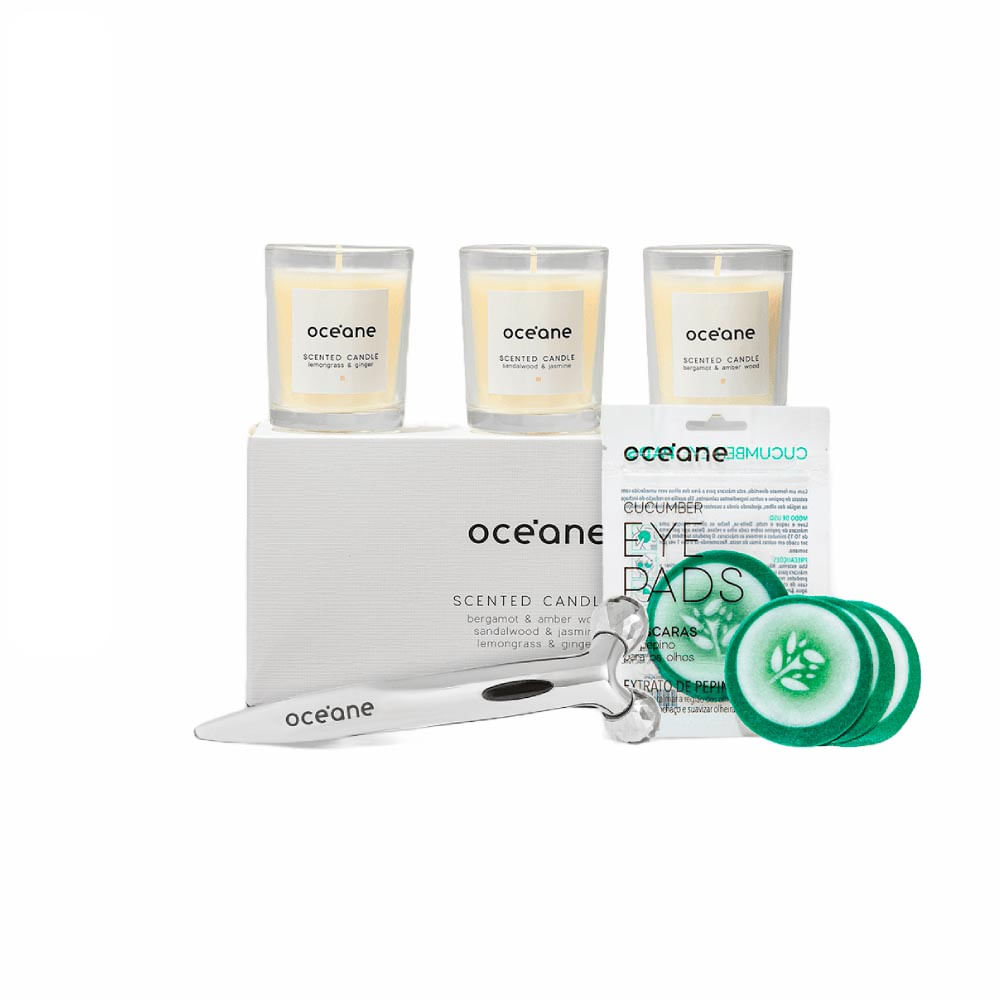 Kit Océane Máscara Para Olhos De Pepino + Massageador Facial 3d + 3 Velas Perfumadas