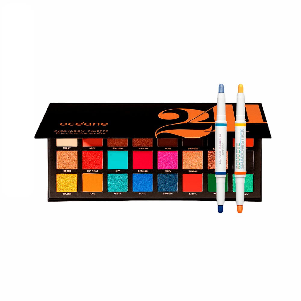 Kit Paleta de Sombras 24.1 + Sombra em Bastão Dupla Amarela e Laranja + Sombra em Bastão Dupla Azul (3 produtos)